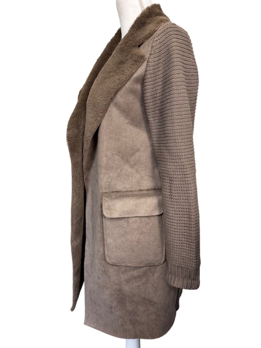 Anthropologie Sweater M Taupe Faux Suede Knit Long Coat W/Faux Shearling Collar - Picture 1 of 12